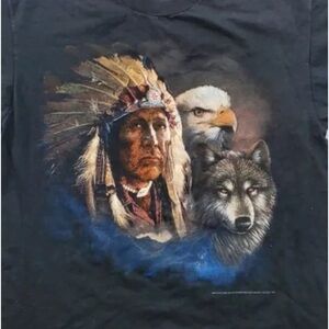 Vtg 3D Emblem T Shirt Men XL Indian Chief Eagle Wolf Black Single Stitch USA 90s